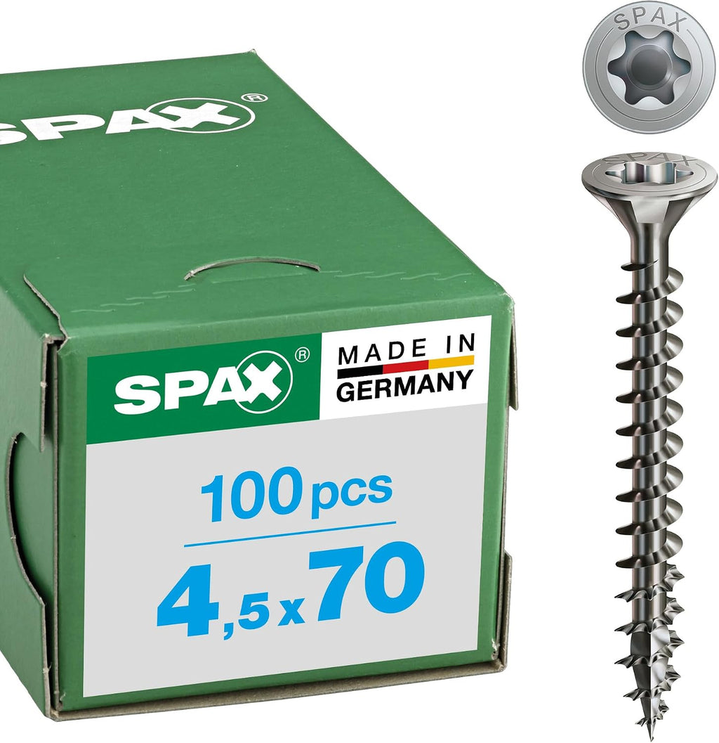 SPAX T-Star Plus 1197000450703 Universal Screw Stainless Steel A2 4.5 x 70 mm Pack of 100 Countersunk Head Fully Threaded 4CUT