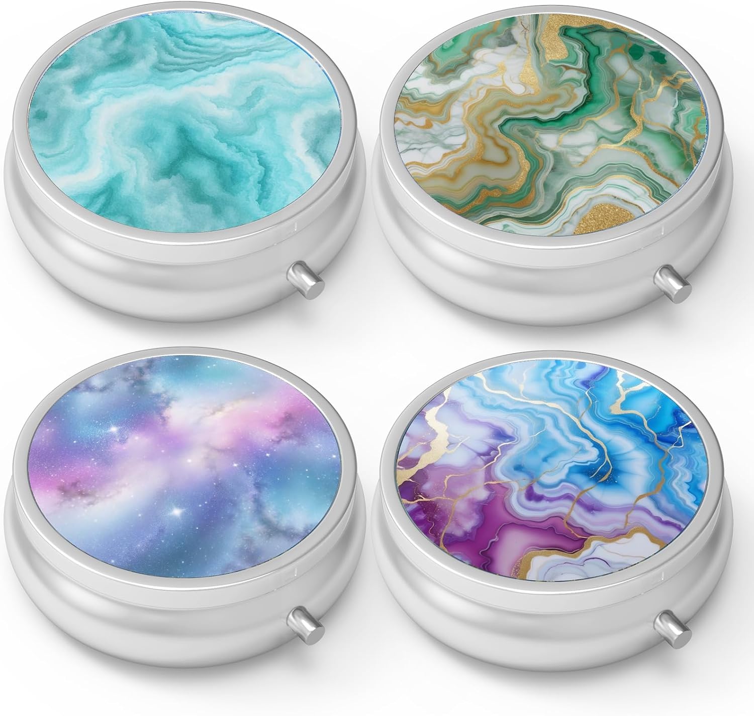 Pill Box 3 Compartment Medicine Pill Case,Portable Pill Box for Pocket or Purse Pill Box Decorative Metal Medicine Vitamin Organizer Unique Gift(4PCS)