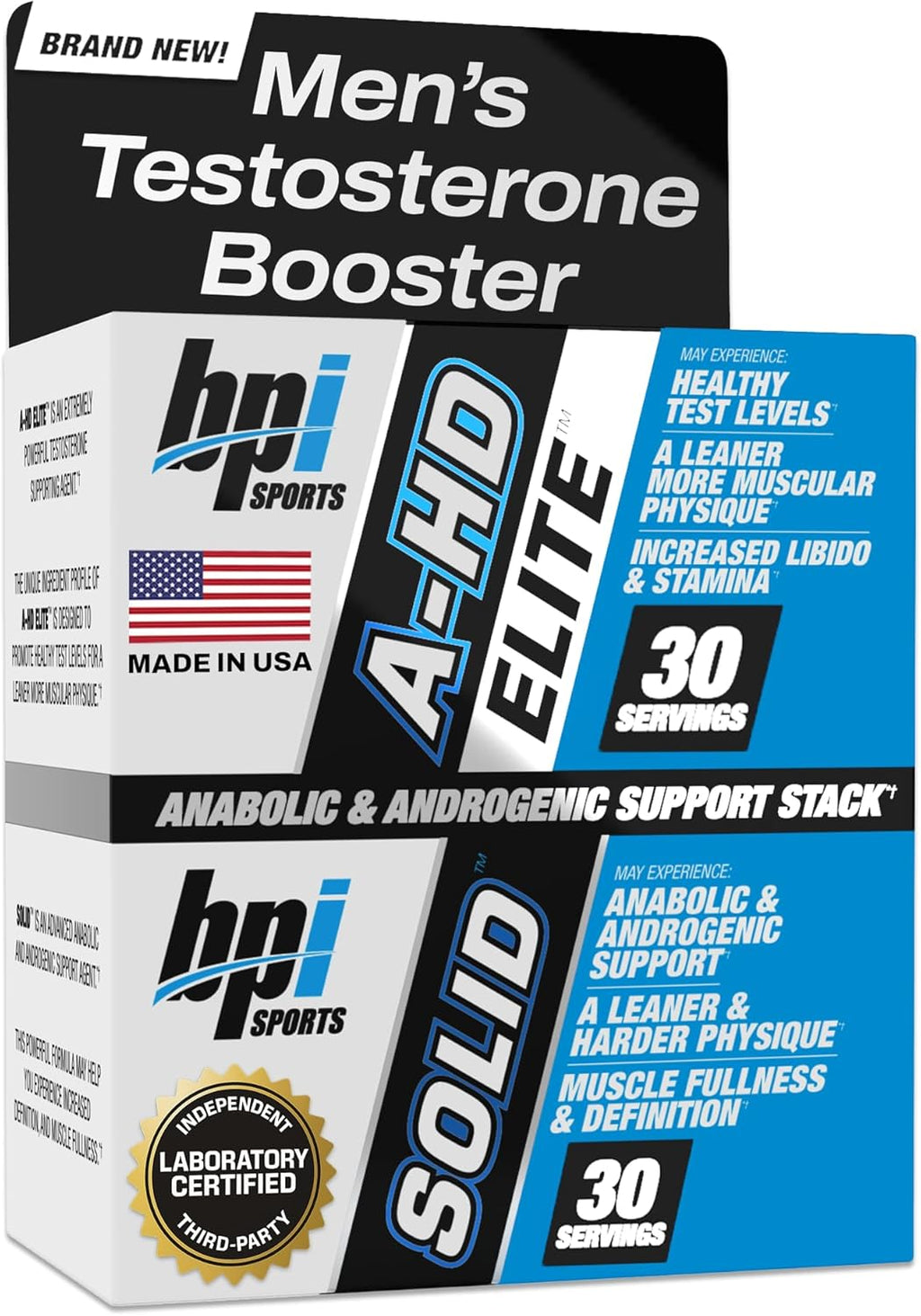 BPI Sports A-HD Elite/Solid Testosterone Booster for Men - Testosterone Supplement for Muscle, Strength, Libido & Performance Support - Promotes Natural Fat Loss – 30 Servings – 550mg