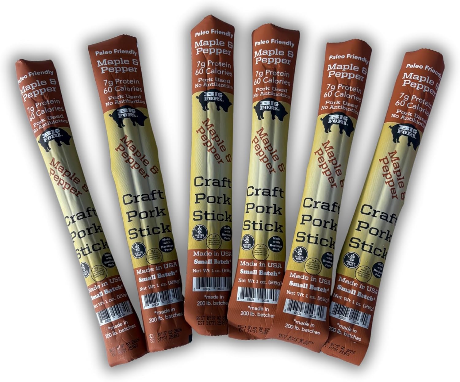 Big Fork Maple & Pepper Pork Snack Sticks – Small-Batch, Hickory-Smoked Meat Sticks | 100% Berkshire Pork with Real Maple & Black Pepper | Keto, Paleo, Gluten-Free, High-Protein Snack | 6 Count (1 oz Each)
