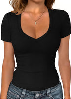 Sampeel Short Sleeve Shirts for Women V Neck Summer Ribbed Tshirts 2026 Slim Fit Spring Fashion Going Out Basic Tees