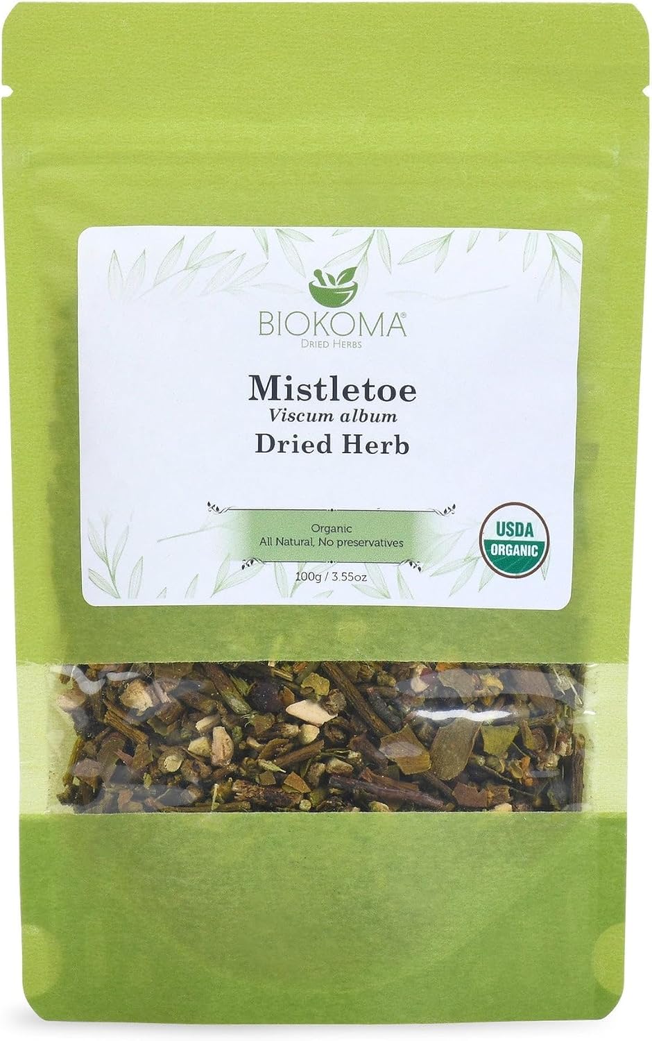Biokoma Organic Mistletoe Dried Herb 100g (3.55oz) In Resealable Moisture Proof Pouch, USDA Certified Organic - Herbal Tea, No Additives, No Preservatives, No GMO, Kosher