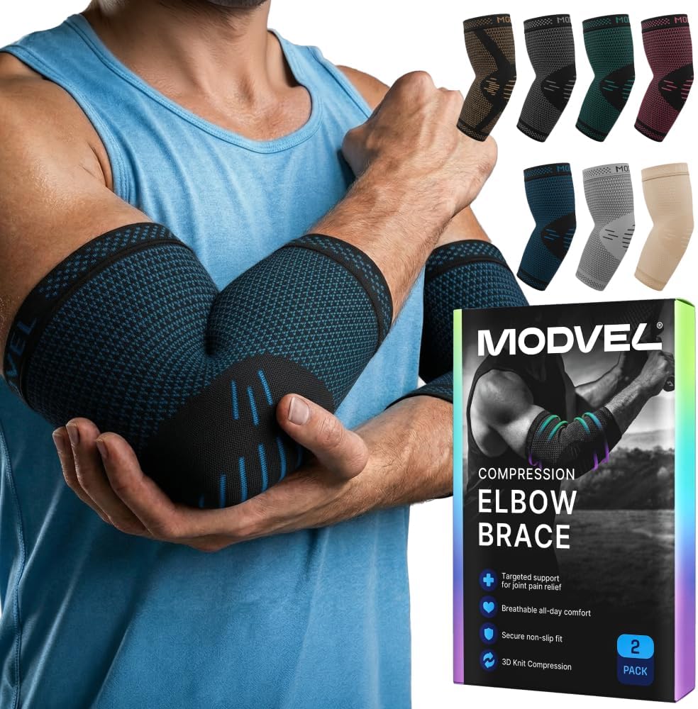 MODVEL [2 Pack Elbow Brace - Compression Support Sleeve for Joint Pain Relief, Recovery, Tendonitis, Tennis & Golfer's Elbow - Workout & Weightlifting Arm Wrap - For Men & Women. (Blue)