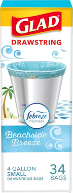 Glad Odorshield Small Drawstring Trash Bags, 4 Gal, Febreze Beachside Breeze, 34 Ct, Pack May Vary