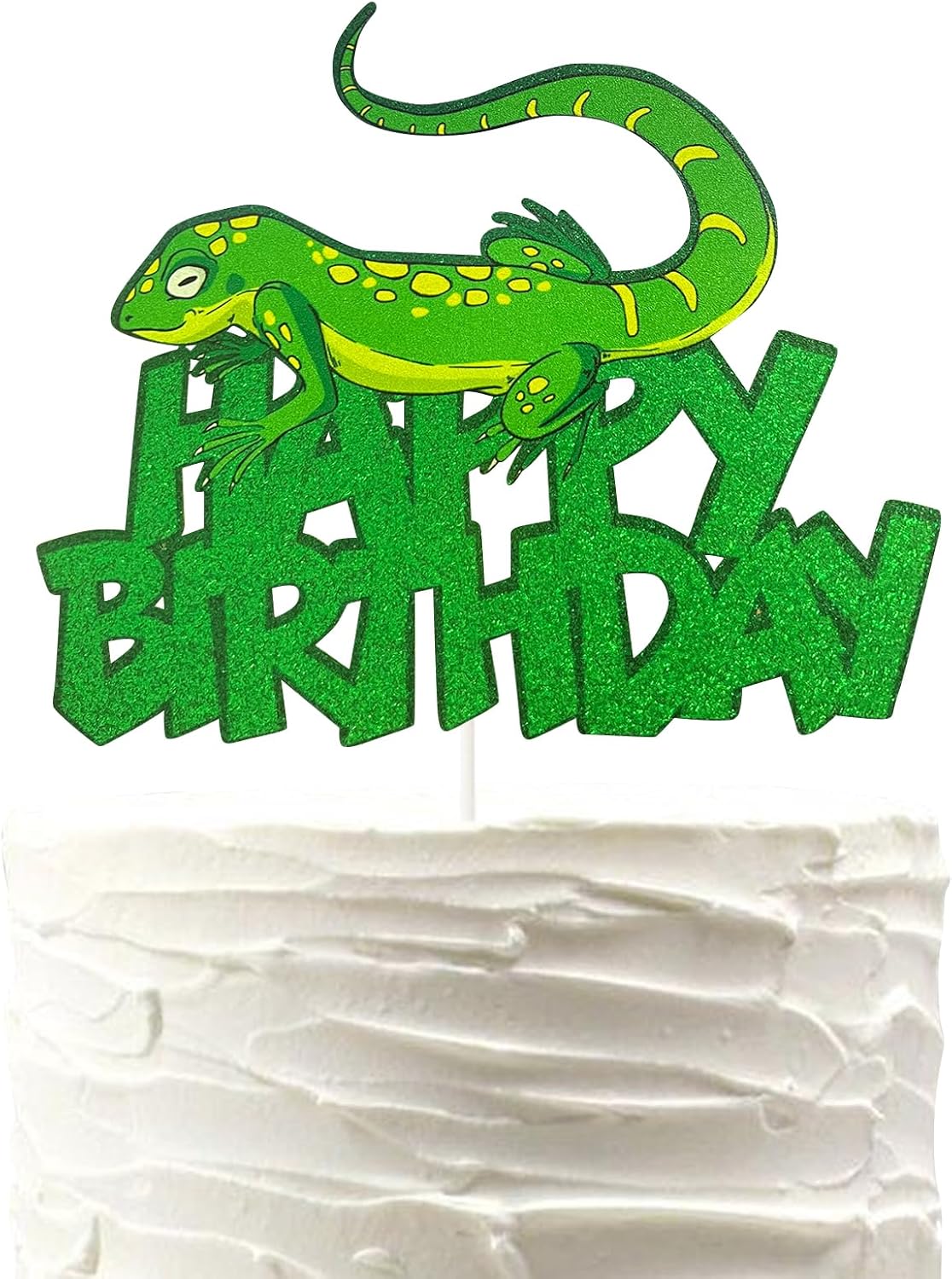 Lizard Happy Birthday Cake Topper,Chameleon Animal Silhouette Happy Birthday Cake Decorations Kids Boy Girl Birthday Party Glitter Green Supplies Decor