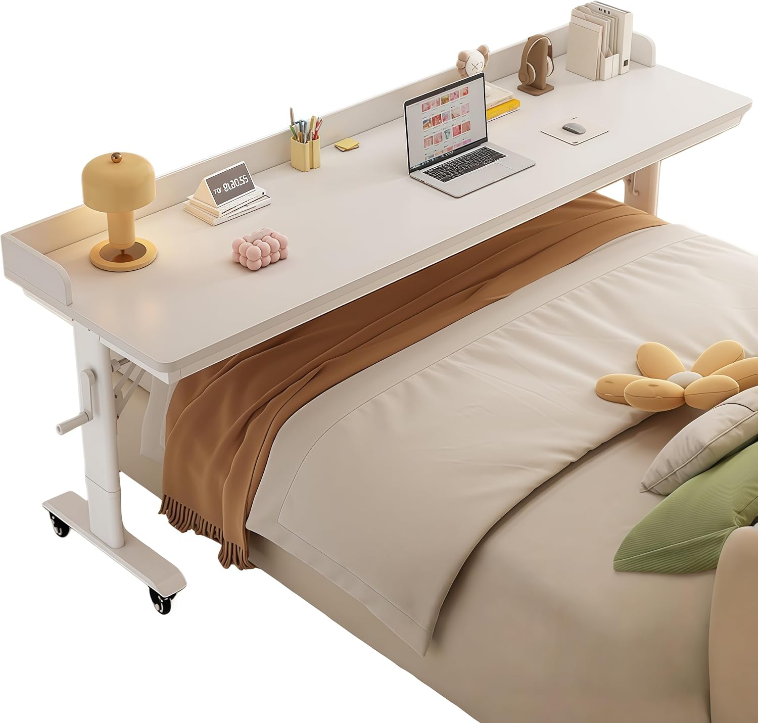 Over The Bed Table with Wheels,Adjustable Height Rolling Bed Desk - Mobile Laptop Cart for Home Office,Hospital, Bedroom Work,Fits King Size Beds