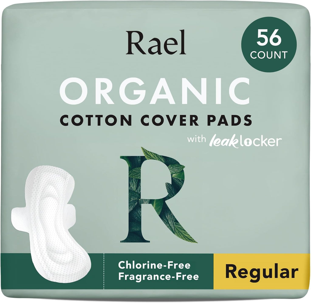 Rael Pads for Women, Organic Cotton Cover - Moderate Absorbency, Feminine Care, Ultra Thin, Sanitary Napkins with Wings, Unscented (Regular, 56 Total)