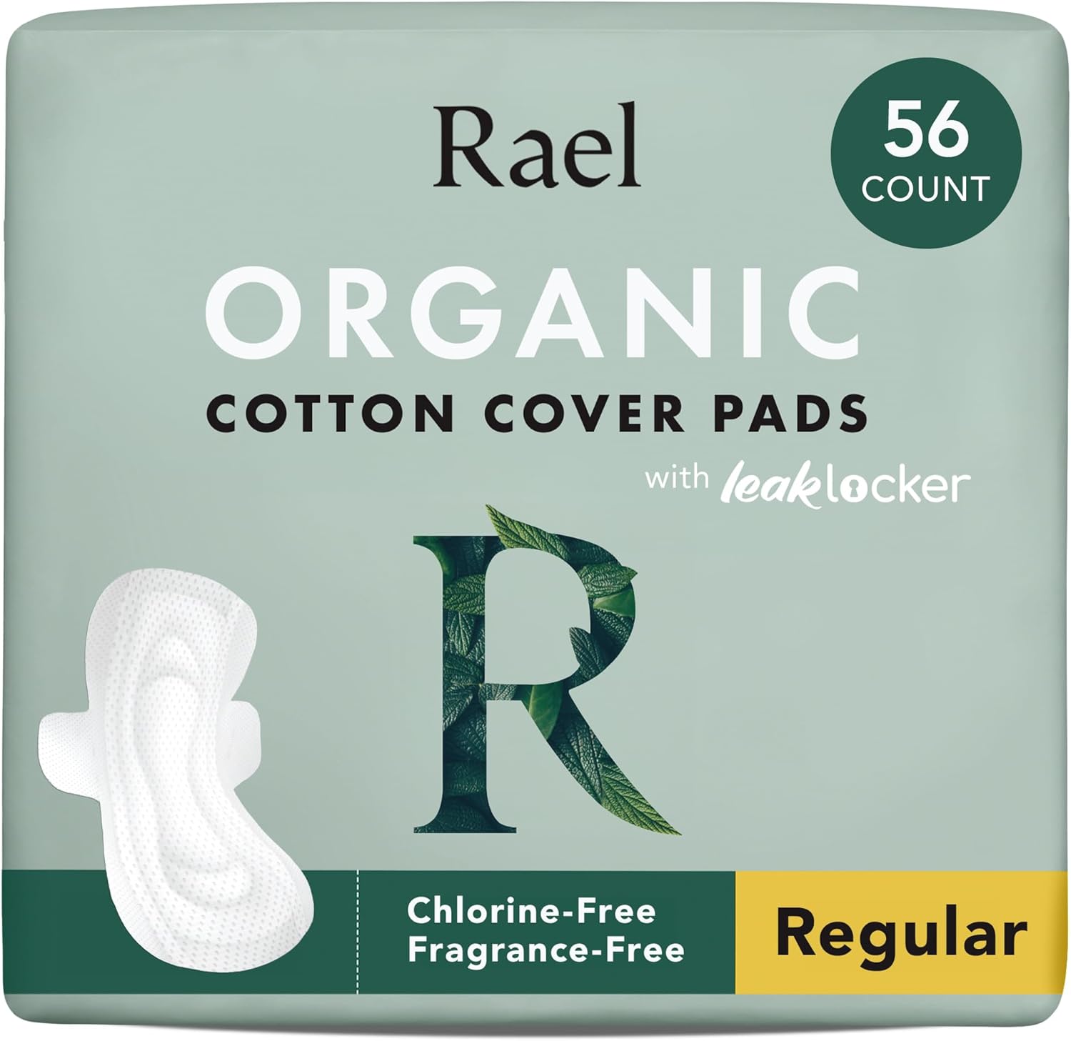 Rael Pads for Women, Organic Cotton Cover - Moderate Absorbency, Feminine Care, Ultra Thin, Sanitary Napkins with Wings, Unscented (Regular, 56 Total)