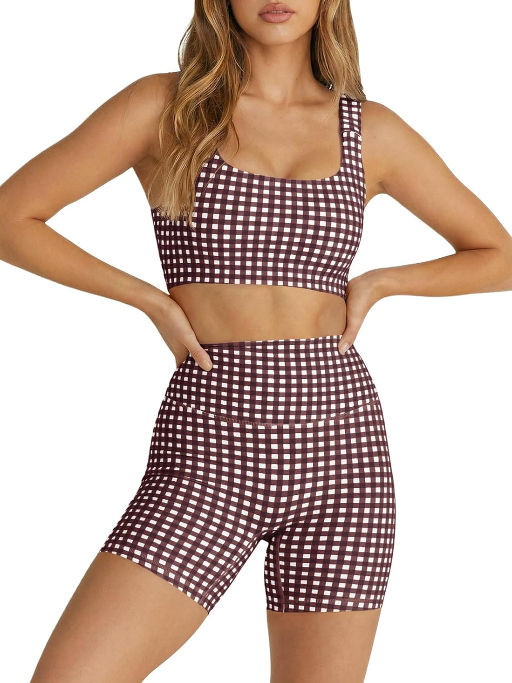 Aoysky Womens Workout Gingham 2 Piece Outfits Padded Open Back Crop Tank High Waist Sports Shorts Sets Yoga Matching Sets