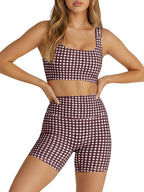 Aoysky Womens Workout Gingham 2 Piece Outfits Padded Open Back Crop Tank High Waist Sports Shorts Sets Yoga Matching Sets
