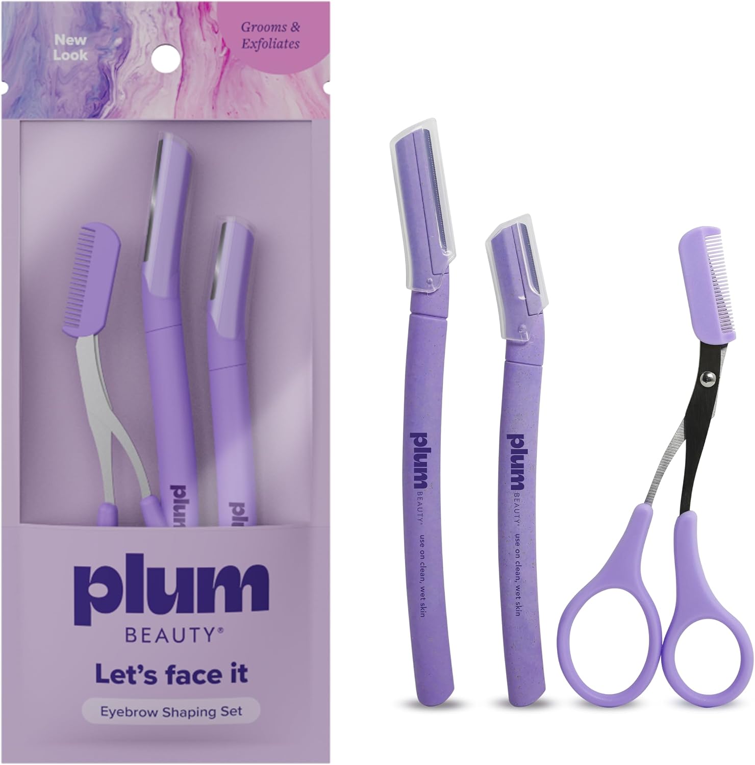 Plum Beauty Eyebrow Shaping Set – Complete 3-Piece Grooming Kit with 2 Folding Razors & Precision Trimming Scissors with Brush - Painless Brow Definition & Maintenance