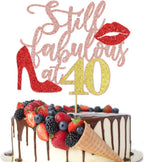 Rose Gold Glitter Still Fabulous at 40 Cake Topper,Happy 40th Birthday Cake Topper,Queen High heels Big Red lips Cake Topper,Women 40th Birthday Party Cake Decorations