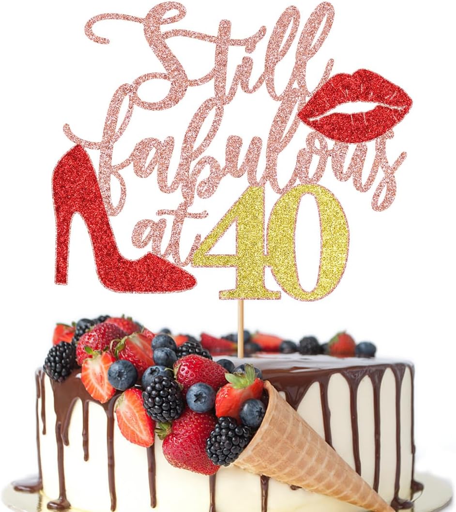 Rose Gold Glitter Still Fabulous at 40 Cake Topper,Happy 40th Birthday Cake Topper,Queen High heels Big Red lips Cake Topper,Women 40th Birthday Party Cake Decorations