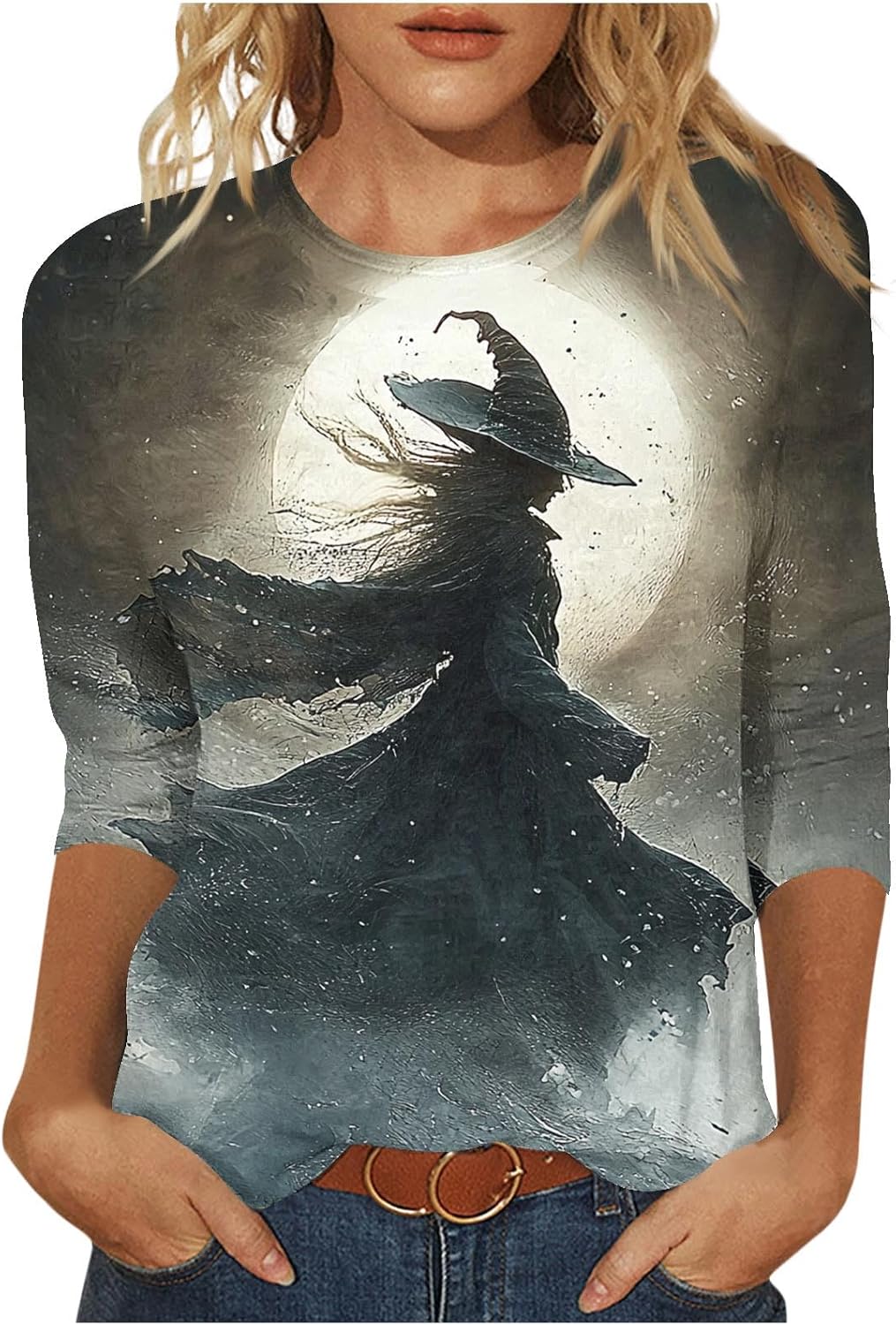 Halloween Tops for Women 3/4 Sleeve T-Shirt Vintage Witch Graphic Tees Ladies Blouse Crew Neck Tunic Shirts