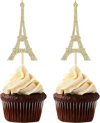 Set of 24 Paris Theme Cupcake Toppers Eiffel Tower Shape Party Picks Wedding Bridal Shower Decorations - Gold