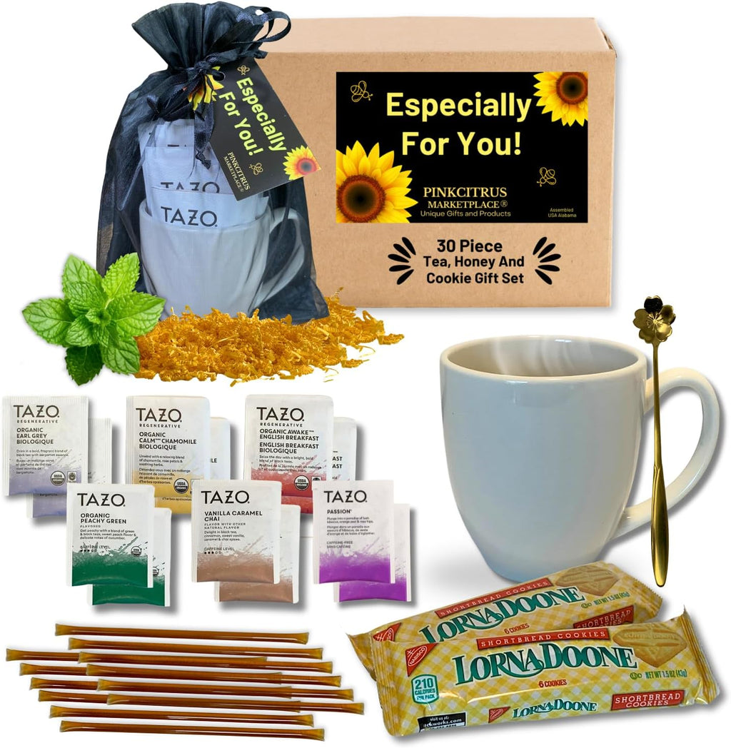 Tea Honey And Cookies Lovers Gift Basket Set Care Package For Women, Men, Family and Friends, Get Well Soon, 12 Teabags Assortment 6 Flavors, 2 Packs Shortbread Cookies, 12 Honey Straw With 14oz Mug