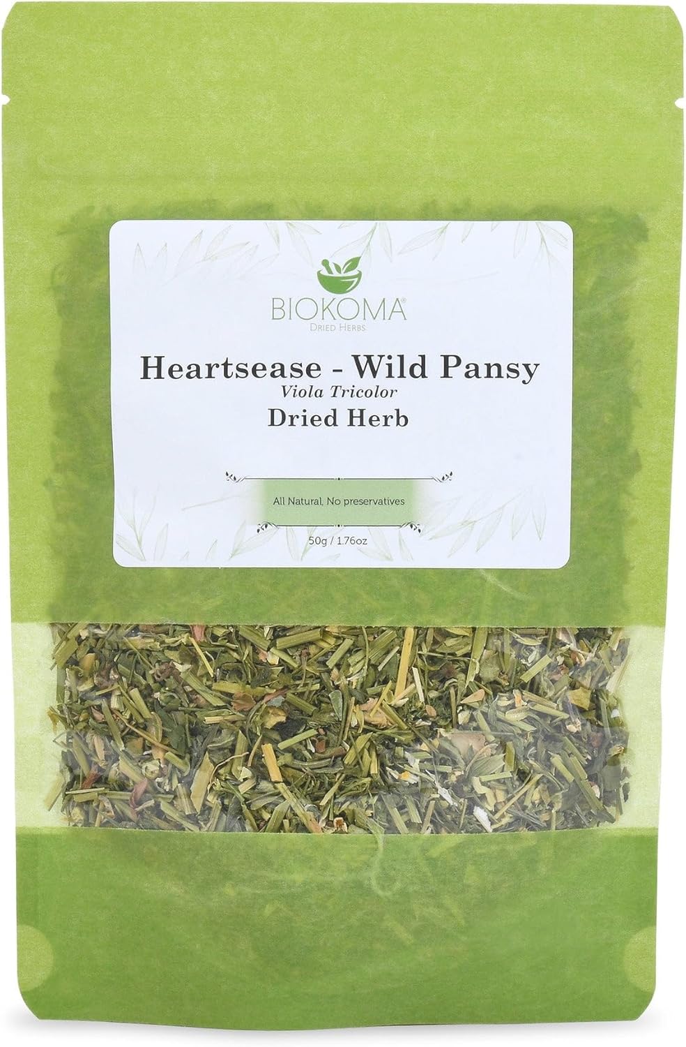 Biokoma Heartsease Wild Pansy Dried Herb 50g 1.76oz Viola Tricolor Herbal Tea Natural Detox Healthy Skin Support Respiratory Boost Resealable No Additives No Preservatives Non GMO Caffeine-Free Kosher
