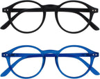 OPULIZE REY Reading Glasses for Women Men, Retro Round Frame with Spring Hinges, Matte Black, Blue +2.50 (Pack of 2)