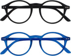 OPULIZE REY Reading Glasses for Women Men, Retro Round Frame with Spring Hinges, Matte Black, Blue +1.00 (Pack of 2)