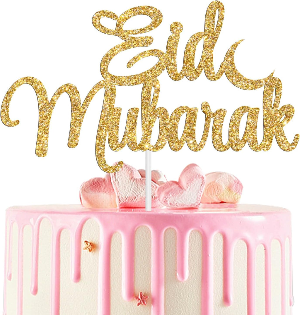 Eid Mubarak Cake Topper - Happy Eid, Muslim Islam Party Decorations, Gold Glitter