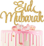 Eid Mubarak Cake Topper - Happy Eid, Muslim Islam Party Decorations, Gold Glitter