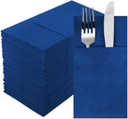 Navy Dinner Napkins with Built-in Flatware Pocket, Cloth Like Napkins, Linen-Feel Disposable Hand Napkins for Kitchen, Parties, Weddings, Dinners or Events, 16x16inches, Pack of 50