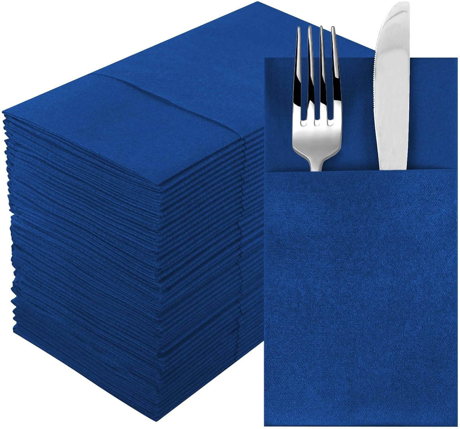 Navy Dinner Napkins with Built-in Flatware Pocket, Cloth Like Napkins, Linen-Feel Disposable Hand Napkins for Kitchen, Parties, Weddings, Dinners or Events, 16x16inches, Pack of 50