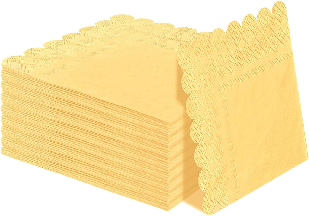 SietDESEO 50 Pieces 3-ply Yellow Napkins Disposable Folded 5 x 5 Inches Scalloped Cocktail Napkins Paper Napkins for Dinner Wedding Birthday Party Yellow Dessert Napkin