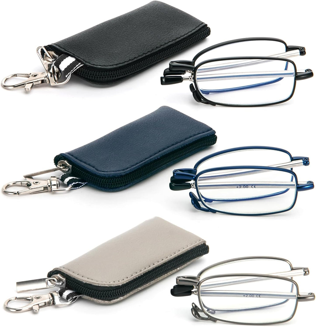 3 Pack Folding Reading Glasses with Keychain Compact Bags Women Men Blue Light Blocking Spring Hinge Portable Pocket Readers,Black Grey and Blue 2.0