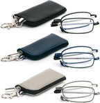 3 Pack Folding Reading Glasses with Keychain Compact Bags Women Men Blue Light Blocking Spring Hinge Portable Pocket Readers,Black Grey and Blue 2.0