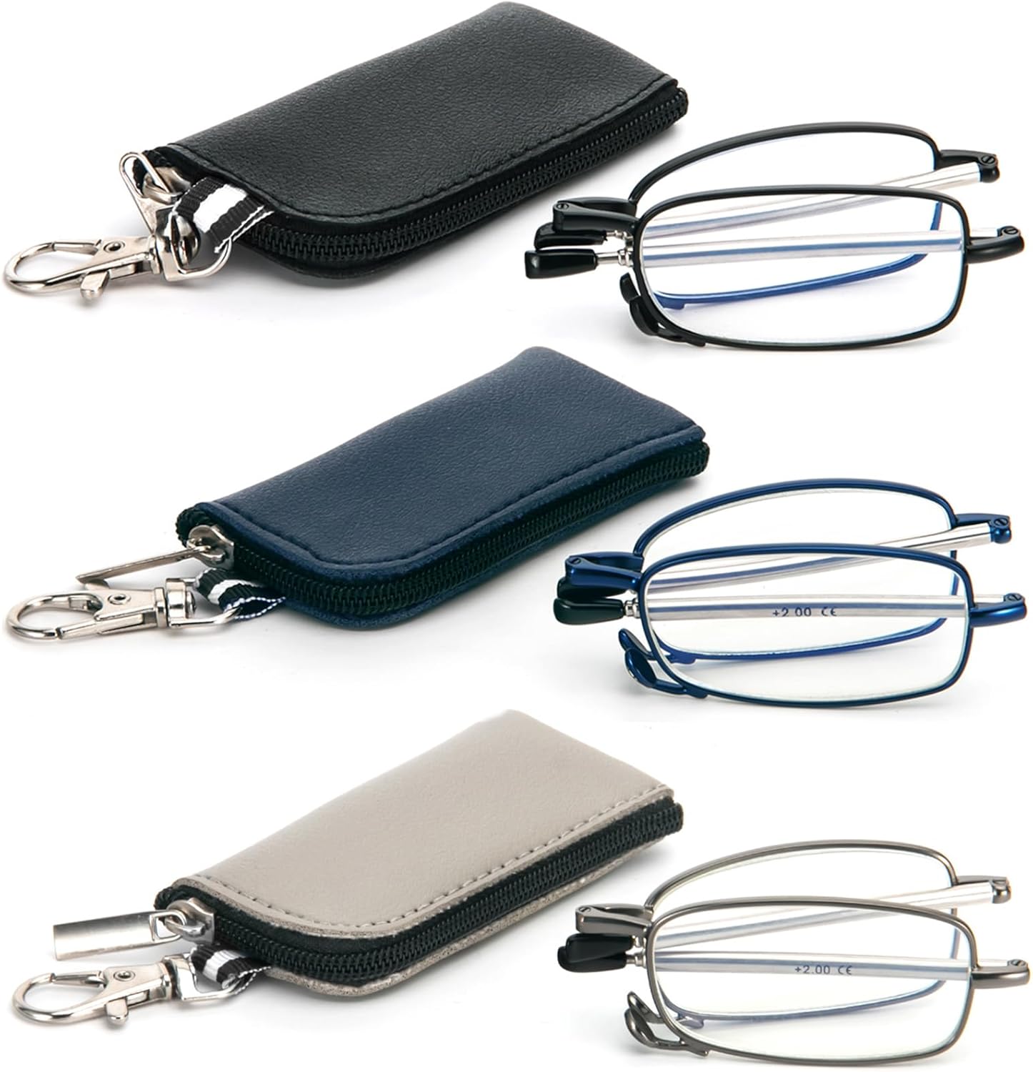 3 Pack Folding Reading Glasses with Keychain Compact Bags Women Men Blue Light Blocking Spring Hinge Portable Pocket Readers,Black Grey and Blue 2.0