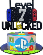 Happy 7th Birthday Video Game Cake Topper Level 7 Unlocked Cake Topper for Kids Boys Girls 7-Years-Old Birthday Party Decoration