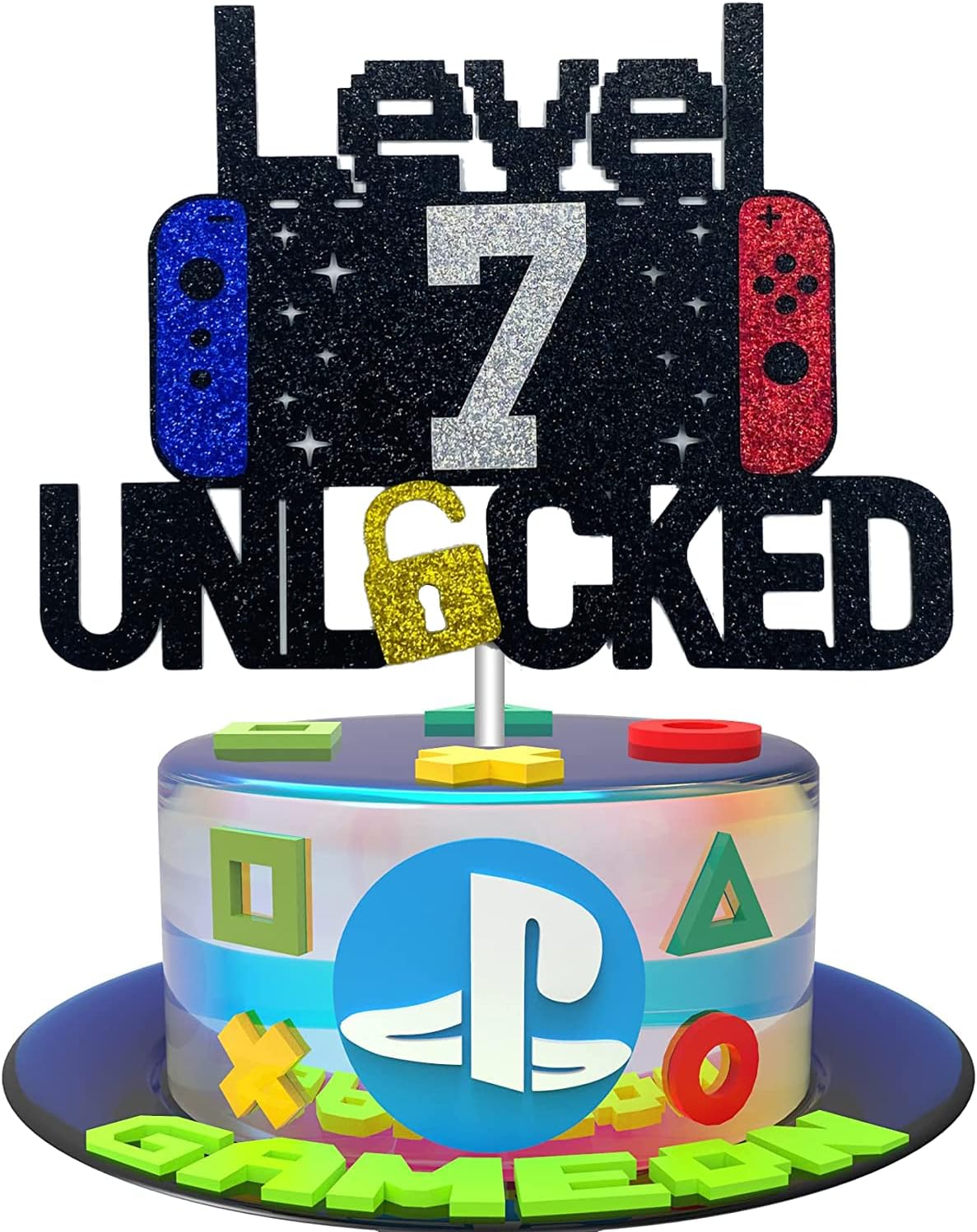 Happy 7th Birthday Video Game Cake Topper Level 7 Unlocked Cake Topper for Kids Boys Girls 7-Years-Old Birthday Party Decoration