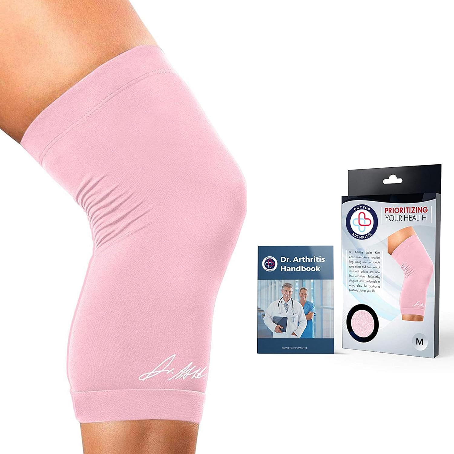 Doctor Developed Ladies Pink Knee Brace/Knee Compression Sleeve/Knee Support for Women & Handbook - relief for Arthritis, Tendonitis, Injury support, & Running (Medium)