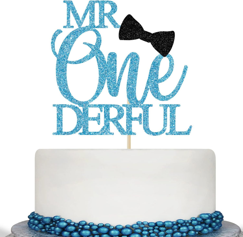 Mr Onederful Boy 1st Birthday Cake Topper, Baby Boy One Year Old Birthday Party Decor, Blue Glitter