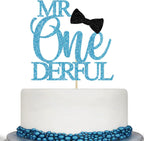 Mr Onederful Boy 1st Birthday Cake Topper, Baby Boy One Year Old Birthday Party Decor, Blue Glitter