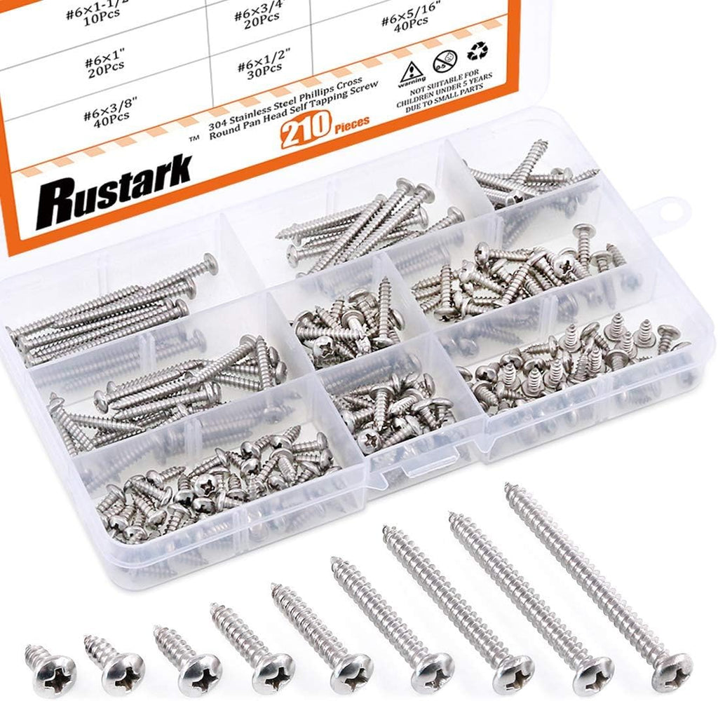 210-Pcs [# 6 5/16'' to 1-1/2''] 304 Stainless Steel Round Pan Head Phillips Cross Wood Screws Drive Self Tapping Drilling Screws Assortment Kit