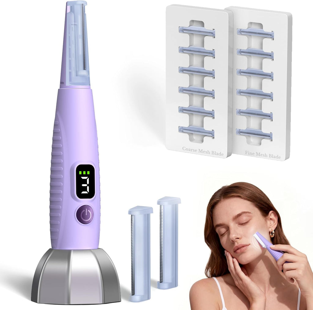 Sonic Dermaplane Razor for Women Face, Smooth Exfoliation & Peach Fuzz Facial Hair Removal, Edge Technology with LED Light, 3 Speeds Rechargeable Dermaplaning Tool with 12 Replacement Blades, Purple