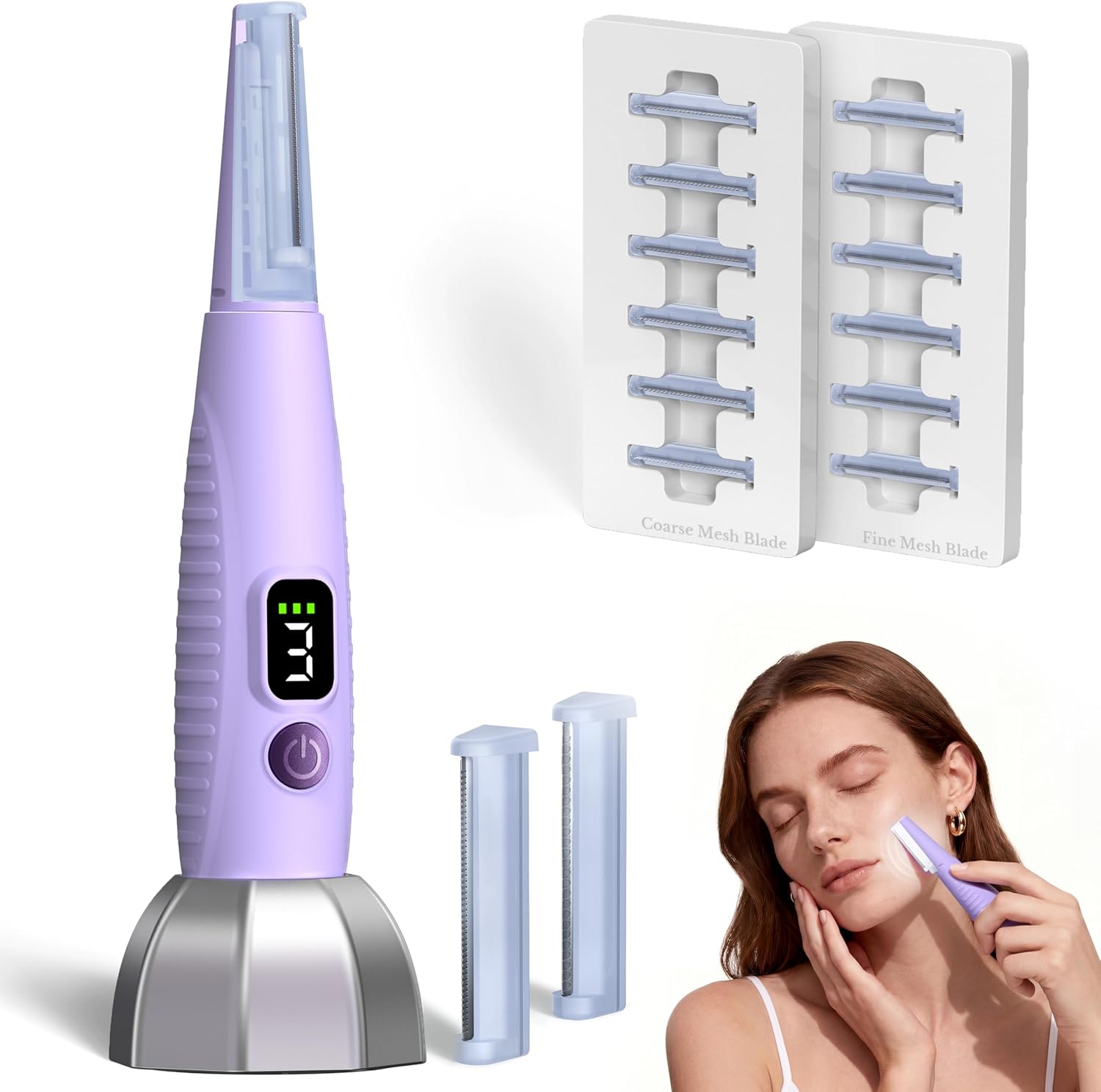 Sonic Dermaplane Razor for Women Face, Smooth Exfoliation & Peach Fuzz Facial Hair Removal, Edge Technology with LED Light, 3 Speeds Rechargeable Dermaplaning Tool with 12 Replacement Blades, Purple