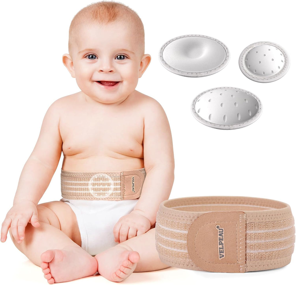 Velpeau Umbilical Hernia Belt Baby Newborn -with 3 Different Shaped Compression Pads, Belly Button Navel Band Wrap Truss Abdominal Binder Support for Infant, Children, Toddler, Kids (Khaki-Reg)