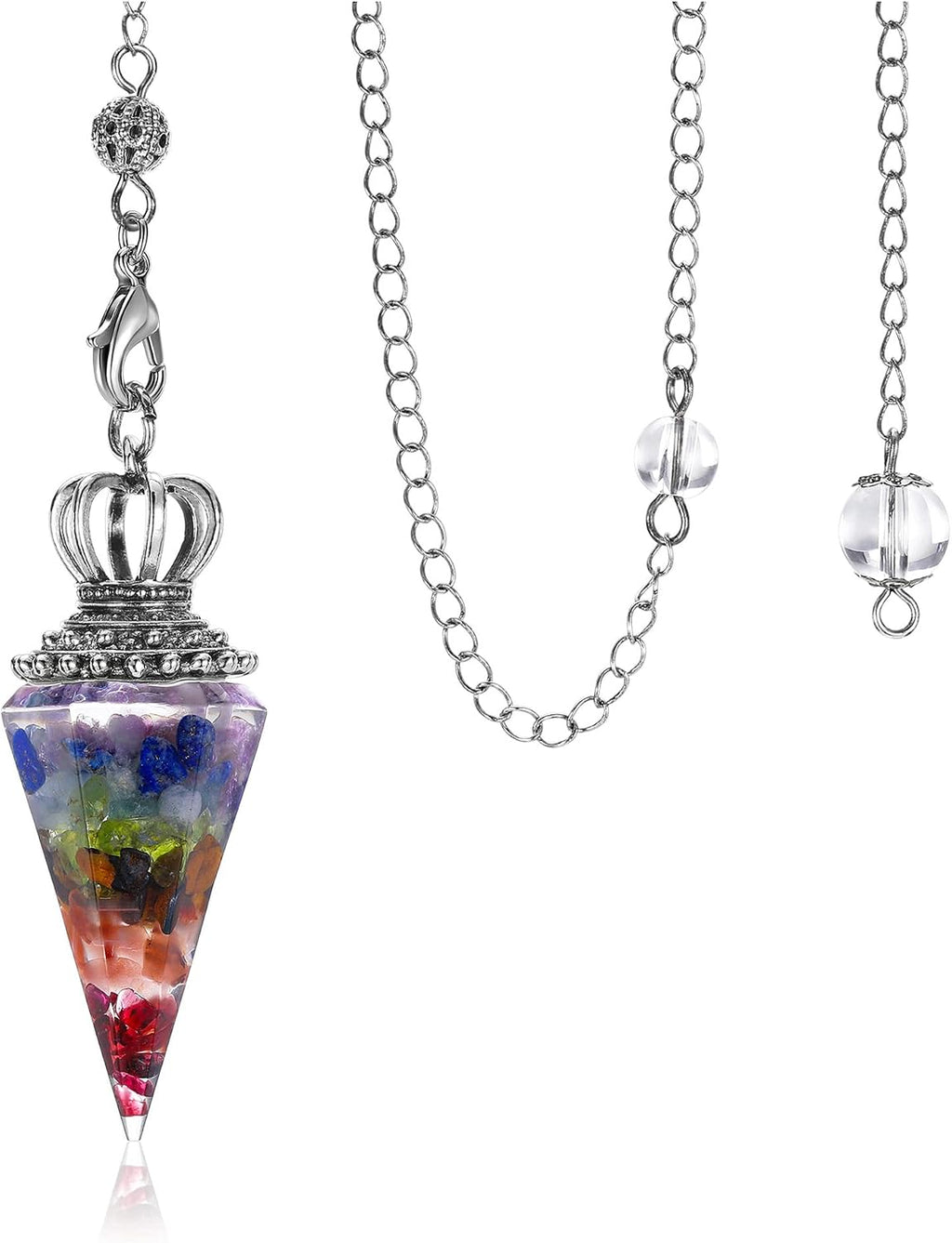 Jovivi Natural 7 Chakra Healing Crystal Pendulums for Divination Dowsing 6 Facted Crown Hexagonal Pointed Resin Chip Stones Reiki Chakra Gemstone Pendulum Pendant Wiccan Witchcraft