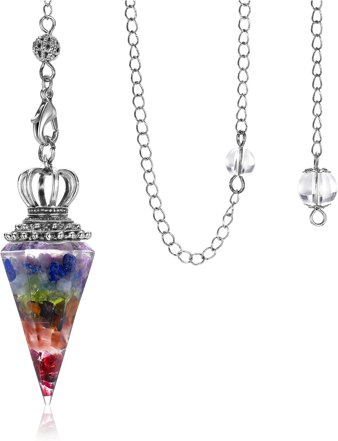 Jovivi Natural 7 Chakra Healing Crystal Pendulums for Divination Dowsing 6 Facted Crown Hexagonal Pointed Resin Chip Stones Reiki Chakra Gemstone Pendulum Pendant Wiccan Witchcraft