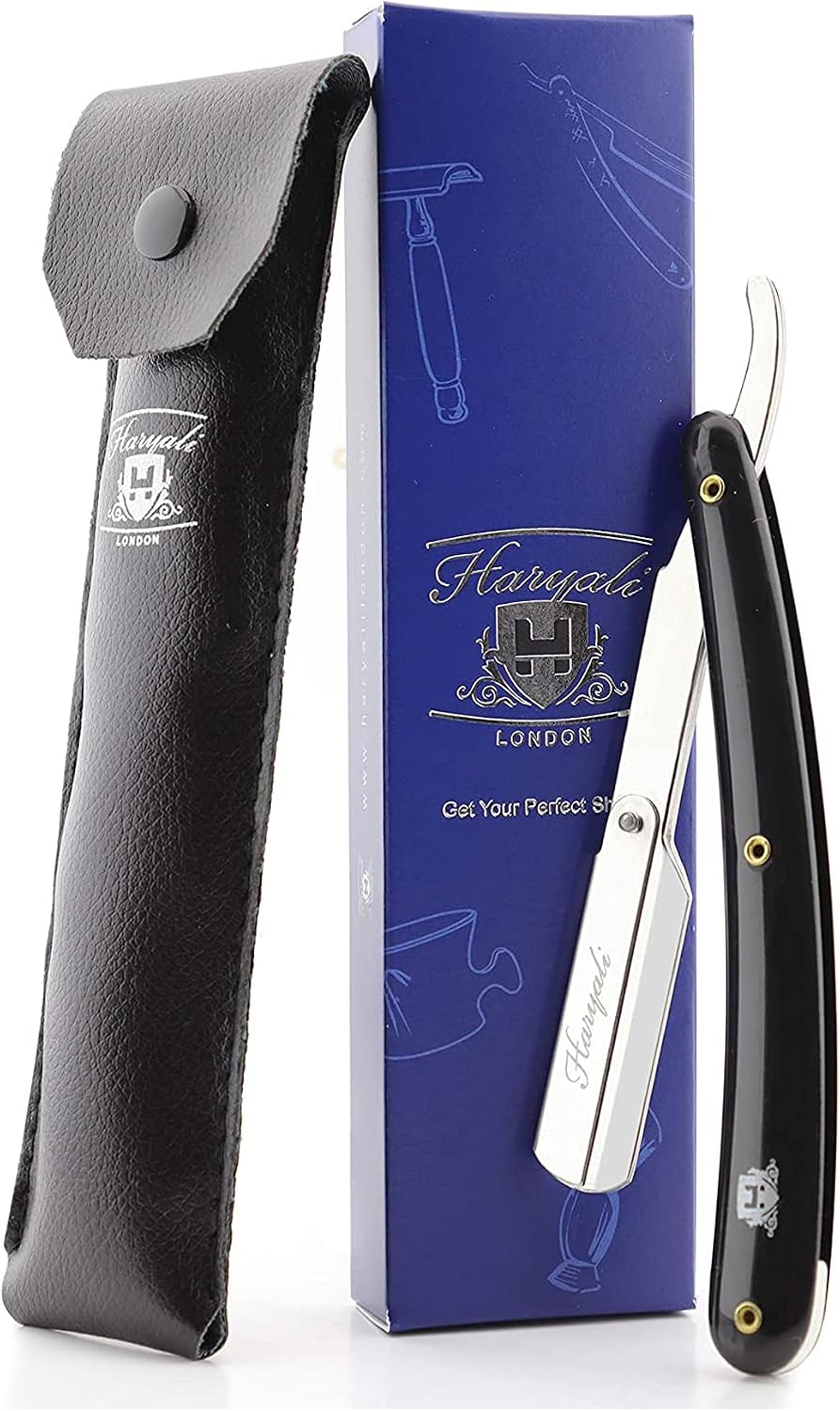 Men's Black Traditional Style Stainless Steel Straight Razor with Leather Pouch (1 Count, Reusable, Ergonomic, Portable)
