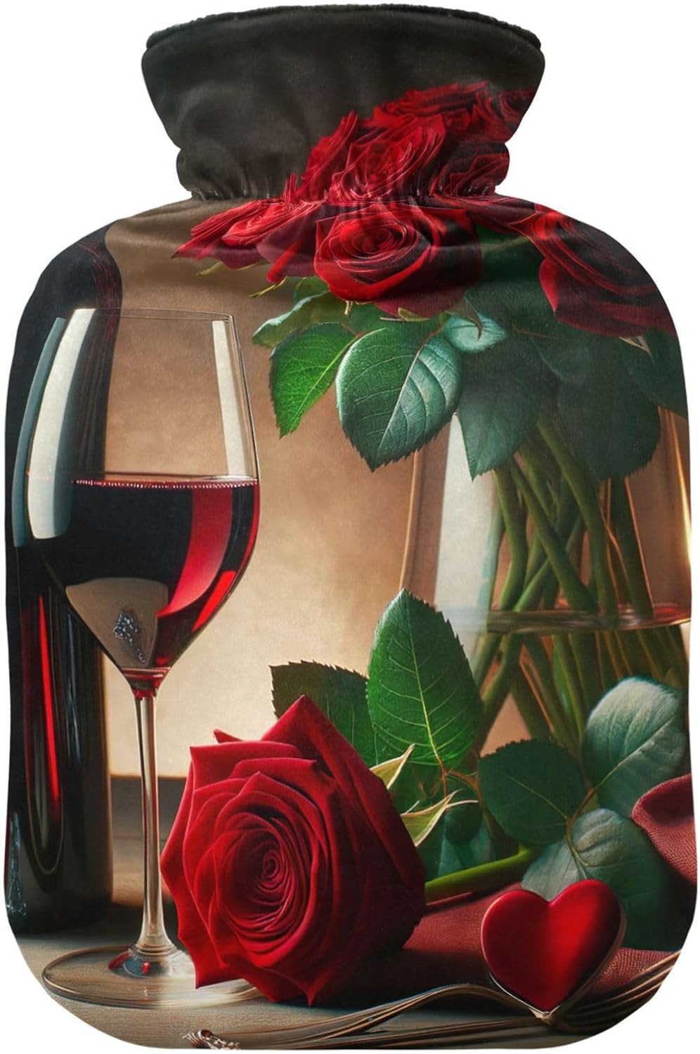 Valentine's Day Red Wine Rose Hot Water Bottles Hot or Cold Water Bottle with Soft Cover Hot Water Bag for Neck, Shoulder and Menstrual Cramps, 2L
