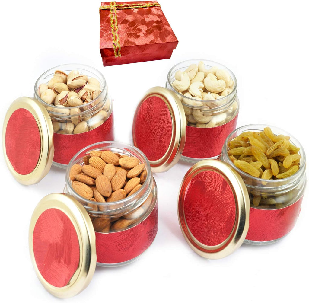 Ghasitaram Gifts Diwali Gifts Red 4 Jars Dryfruit Box