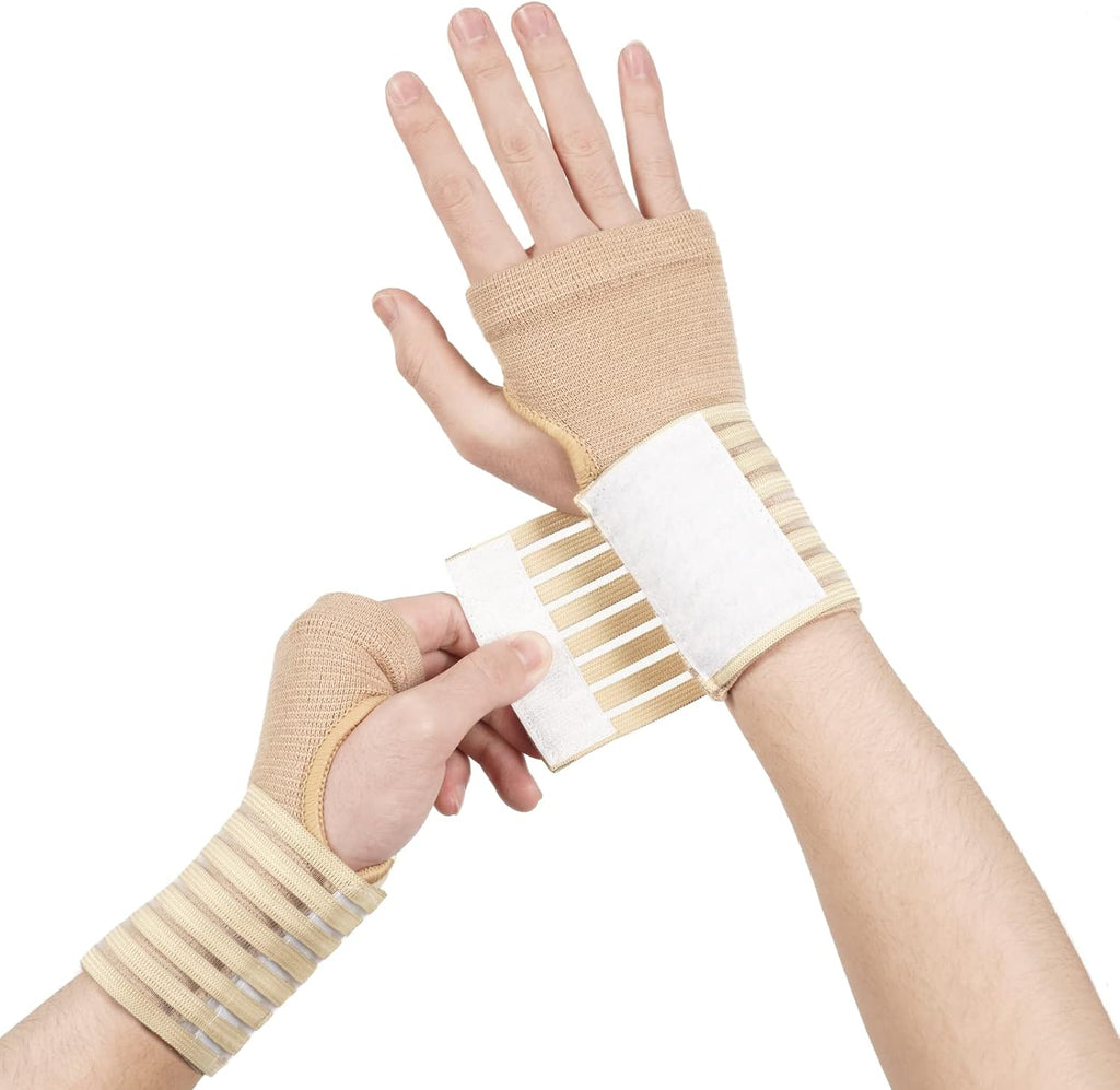 Wrist Brace, 2 Pack Elastic Wrist Support with Strap, Wrist Compression Wrap Adjustable Wrist Strap Relieves Wrist Pain, Tendonitis, Sports Use for Men and Women, Right & Lef(cream color)