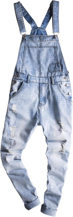 Men's Light Blue Slim Snow Washed Denim Bib Overalls