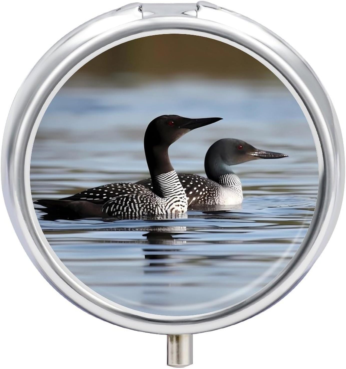 Loon Birds Pill Box - Portable Pill Organizer with 3 Compartment and Small Mirror, Travel Pillcase for Pocket Or Purse Round Medicine Organizer Decorative Vitamin Organizer