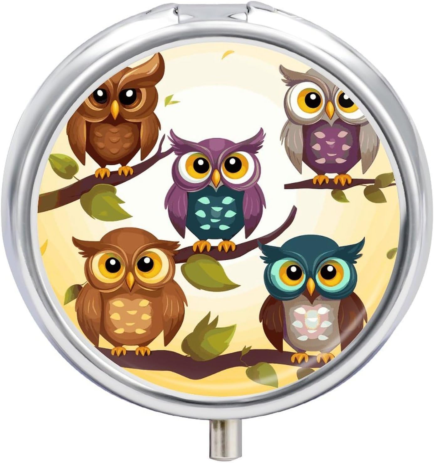 Owls Birds Pill Case with 3 Compartments, Round Pill Organizer for Travel, Portable Pocket Purse Medicine, Vitamin Box for Daily Use, Waterproof Medicine Holder