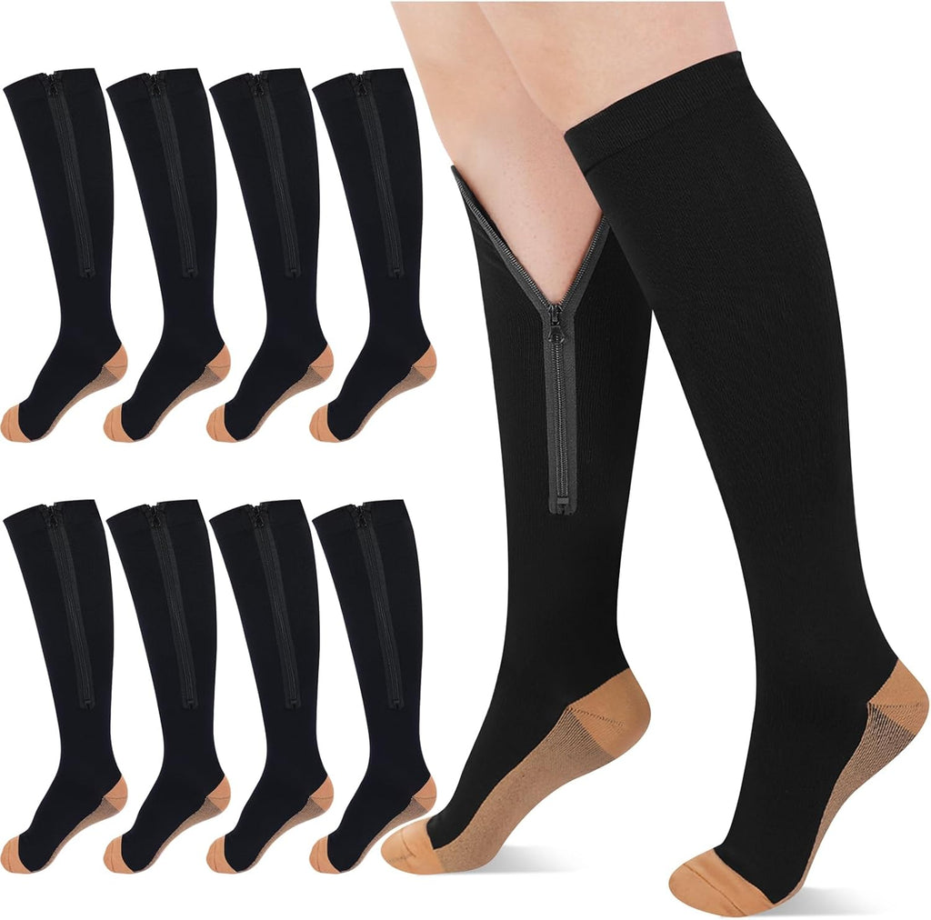 Tarpop 4 Pair Zipper Compression Socks Closed Toe 20-30 Mmhg Calf Knee High Compression Stocking for Men Women Swelling Edema